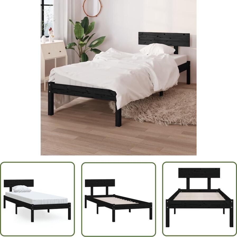 The Living Store Bedframe Grenenhout 196.5 x 80.5 x 70 cm Zwart Massief Houten Bed Frame Bed Frame Zwart Eenpersoonsbed Houten Bed Frame