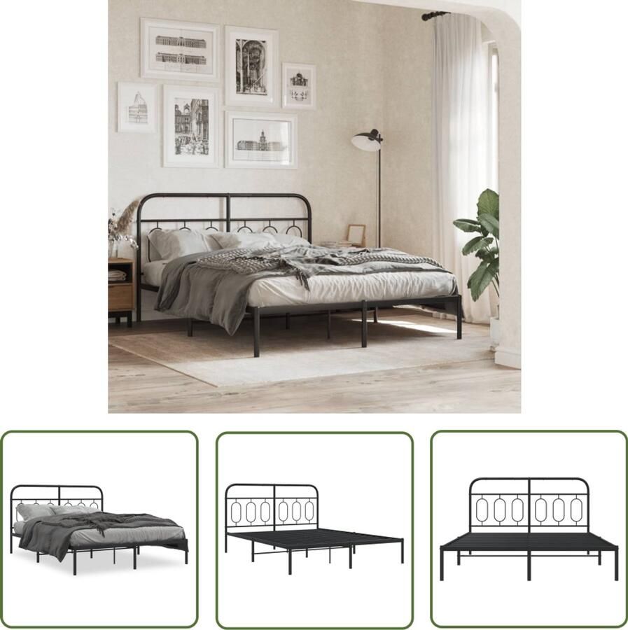 VidaXL Bedframe met hoofdbord metaal zwart 140x190 cm Metalen Bed Frame Bed Frame Zwart Boxspring Frame Hoofdbord Bed Tweepersoons Bed