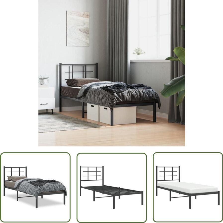 VidaXL Bed Frame Zwart Metalen Bed Frame Bedframe met hoofdbord metaal zwart 80x200 cm Boxspring Frame Hoofdbord Bed Staal Bed Frame - Foto 2