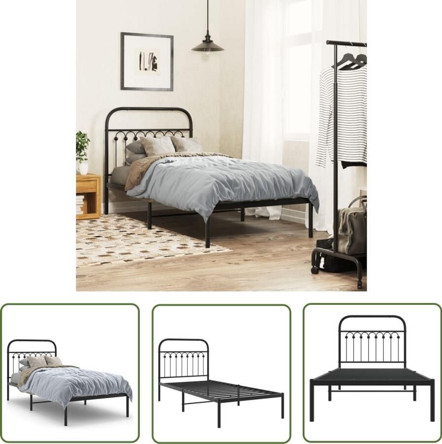 VidaXL Bedframe met hoofdbord metaal zwart 90x200 cm Metalen Bed Frame Bed Frame Zwart Boxspring Frame Hoofdbord Bed Staal Bed Frame