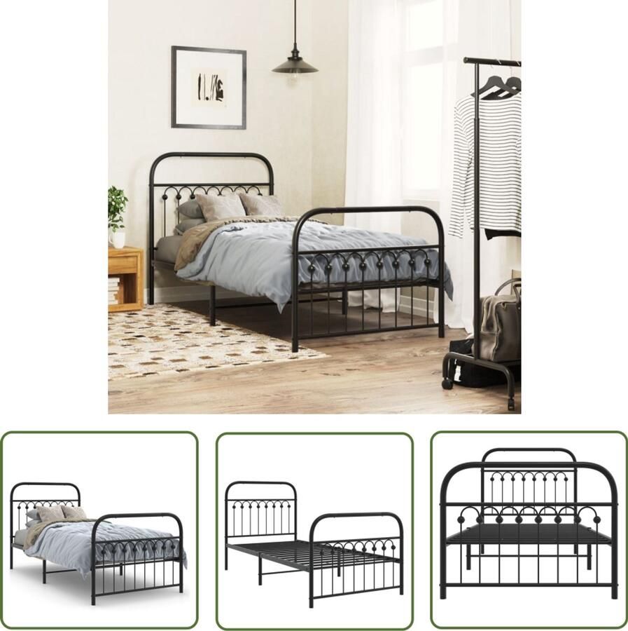 VidaXL Bedframe met hoofd- en voeteneinde metaal zwart 90x200 cm Metalen Bedframe Bed Frame Zwart Staal Bedframe Boxspring Frame Tweepersoons Bed