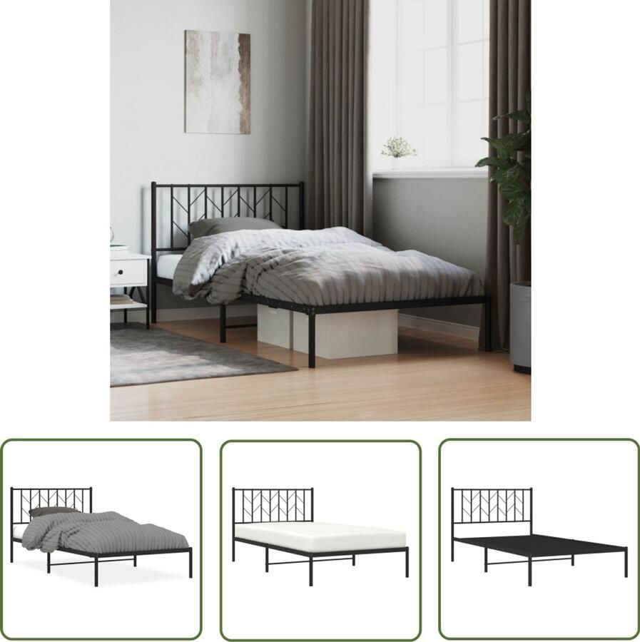 VidaXL Bedframe met hoofdbord metaal zwart 107x203 cm Metalen Bedframe Bed Frame Zwart Staal Bedframe King Size Bedframe Boxspring Bedframe