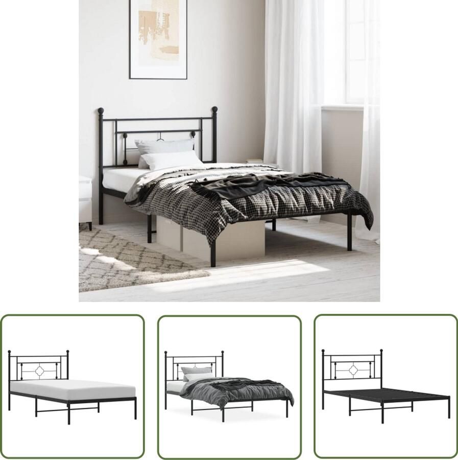 VidaXL Bedframe met hoofdbord metaal zwart 107x203 cm Metalen Bedframe Bed Frame Zwart Staal Bedframe King Size Bedframe Tweepersoons Bedframe