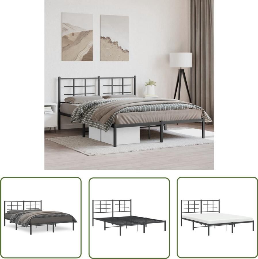 VidaXL Bedframe met hoofdbord metaal zwart 150x200 cm Metalen Bedframe Bed Frame Zwart Boxspring Frame King Size Bed Tweepersoonsbed