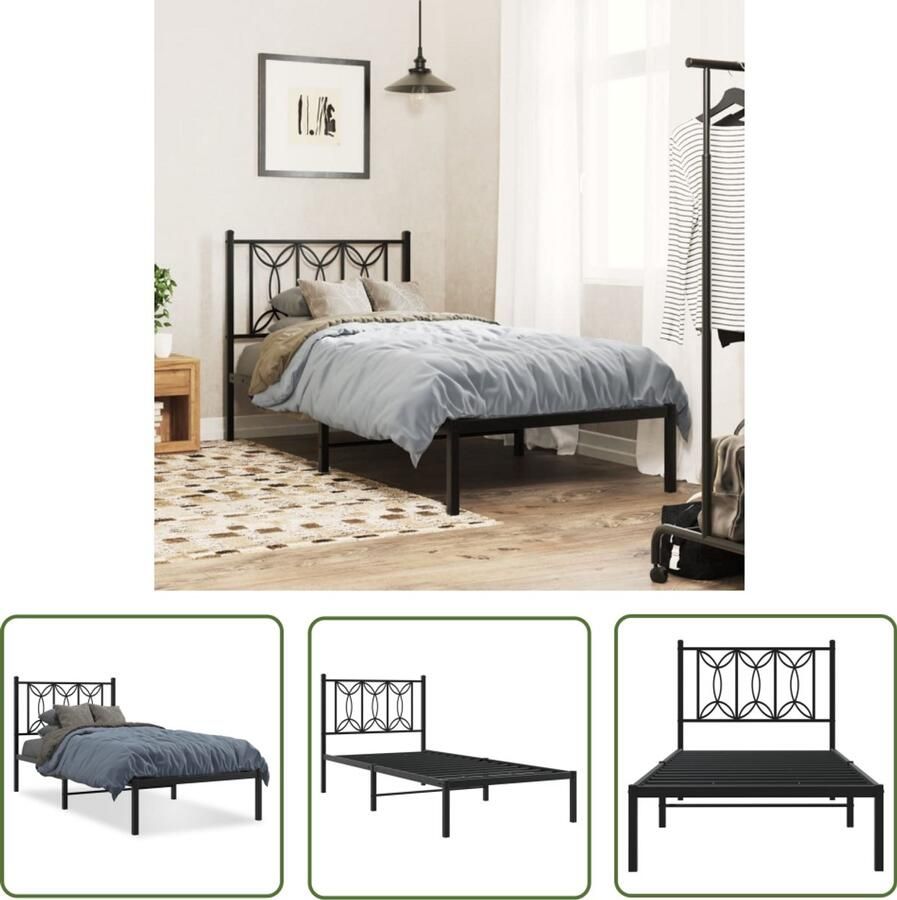 VidaXL Bedframe met hoofdbord metaal zwart 90x190 cm Metalen Bedframe Bed Frame Zwart Bed 90x190 Hoofdbord Bed Slaapkamerstijlen