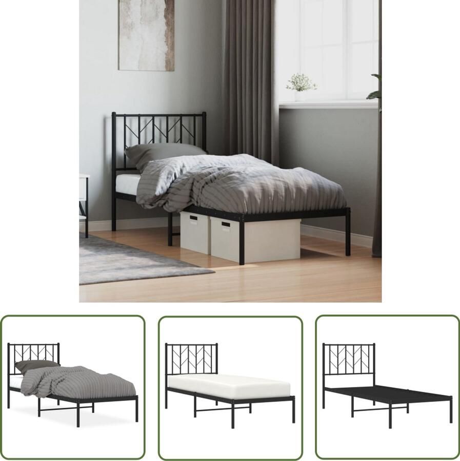 VidaXL Bed Frame Zwart Staal Bed Frame Bedframe met hoofdbord metaal zwart 75x190 cm Tweepersoons Bed Frame King Size Bed Frame Boxspring Onderstel
