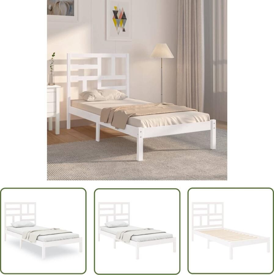 The Living Store Bedframe Massief grenenhout 195.5 x 81 x 104 cm Wit Houten Bedframe Bed Enkelbed Klein Tweepersoonsbed Grenenhout Bed