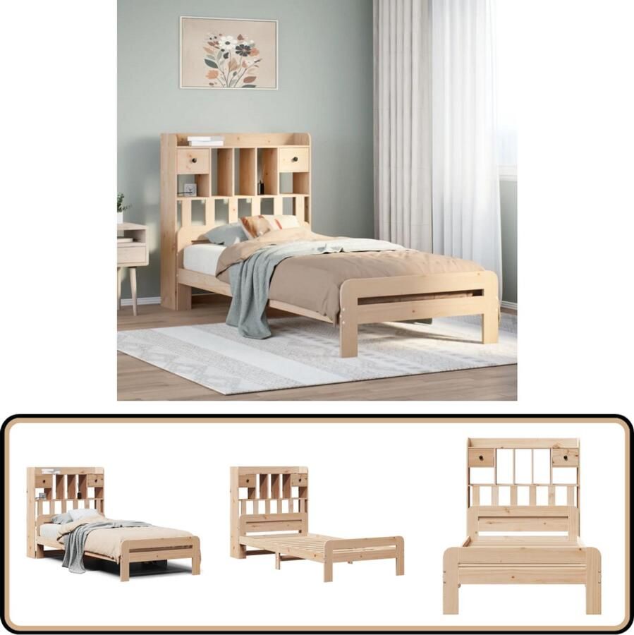 VidaXL Bed met boekenkast 100x200 cm grenenhout Massief Houten Bed Houten Bed Frame Tweepersoonsbed Bed Met Kast Boekenplank Bed Design Bed Moderne Slaapkamer Compact Bed Duurzaam Bed Grenoble Hout
