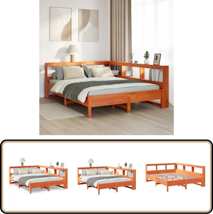 VidaXL Bed met boekenkast 150x200 cm wasbruin Bed Frame Houten Bed Tweepersoonsbed Slaapkamersuite Boekenplank Bed Compact Bed Design Bed Rustieke Meubels Vintage Bed Modern Bed Stapelbare Bed