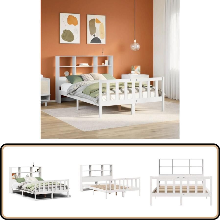 VidaXL Bed met boekenkast 150x200 cm Wit Grenenhout Boekenkastenbed Houten Bed Tweepersoonsbed Stapelbed Slaapkamersmeubel