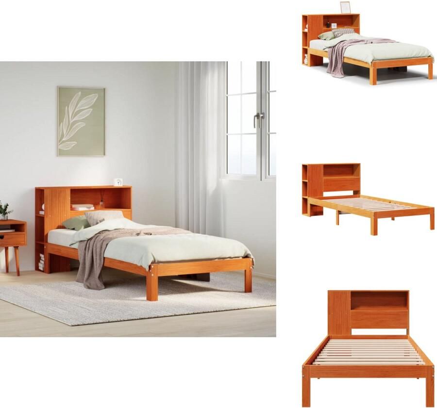 VidaXL Bed Met Boekenkast Bedden Met Boekenkast Bed Eenpersoonsbed Bed met boekenkast zonder matras grenenhout wasbruin 90x200 cm