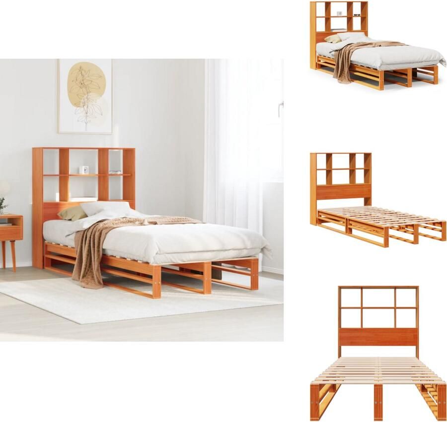 VidaXL Bed Met Boekenkast Bedden Met Boekenkast Bed Eenpersoonsbed Bed met boekenkast zonder matras massief hout wasbruin 90x200cm