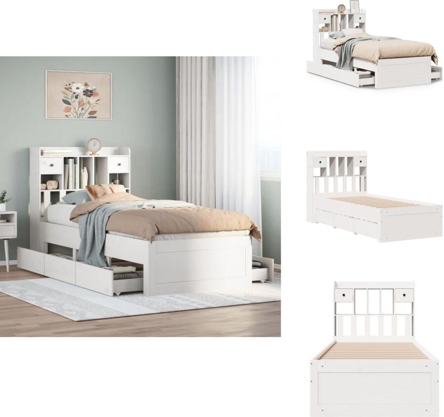 VidaXL Bed Met Boekenkast Bedden Met Boekenkast Bed Eenpersoonsbed Bed met boekenkast zonder matras grenenhout wit 90x190 cm