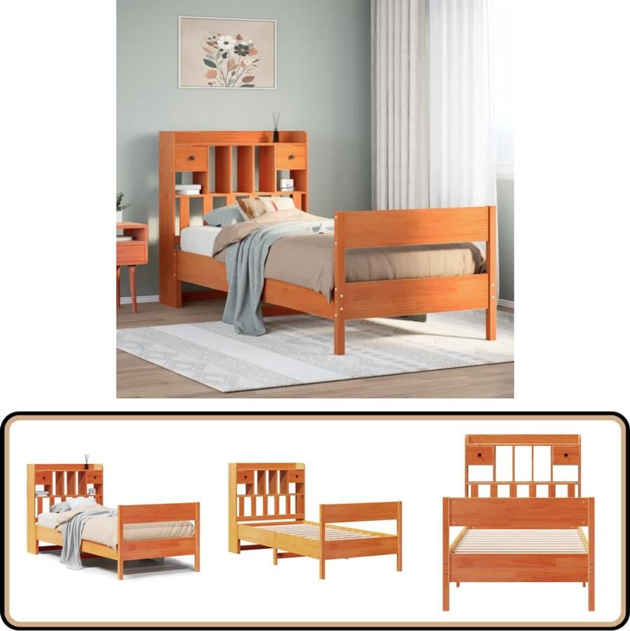 The Living Store Bed met boekenkast zonder matras grenenhout wasbruin 100x200 cm Slaapkamers Houten Bed Tweepersoonsbed Boekenkast Bed Opbergbed