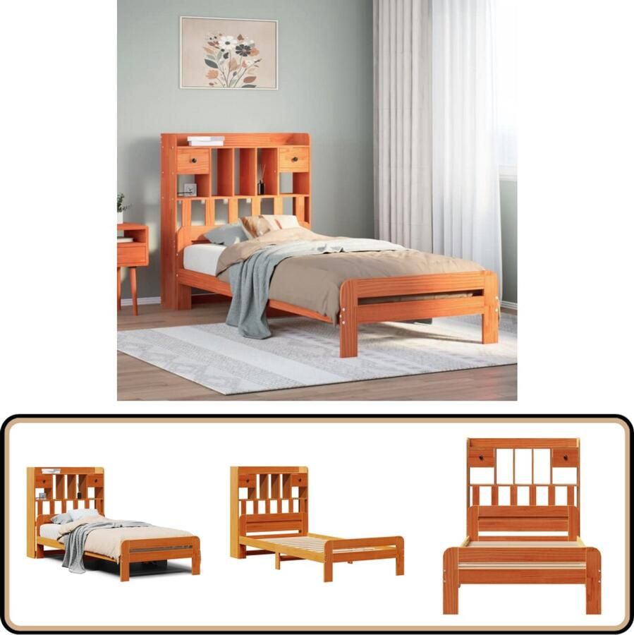 VidaXL Bed met boekenkast Grenenhout 75x190 cm Bed Frame Houten Bed Tweepersoonsbed Boxspringframe Slaapkamer Meubels