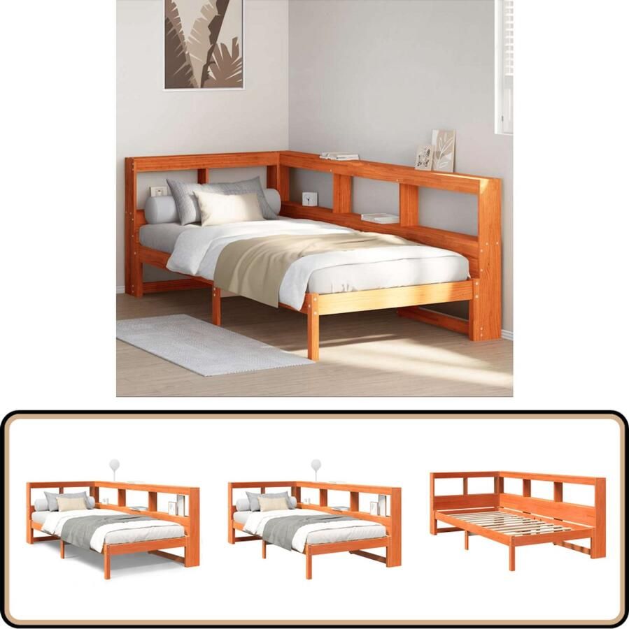 The Living Store Bed met boekenkast zonder matras grenenhout wasbruin 75x190 cm Slaapkamersuite Houten Bed Boekenkast Bed Tweepersoonsbed Stapelbare Kasten