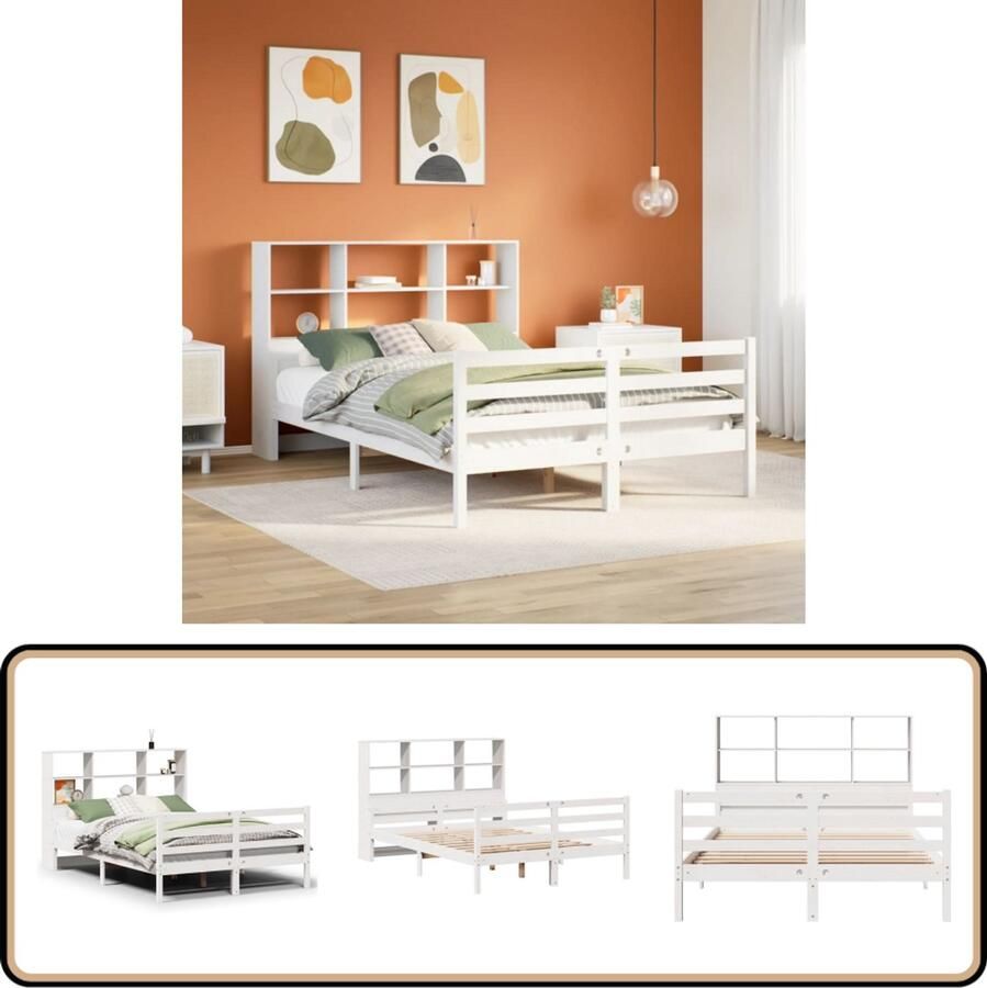 VidaXL Bed met Boekenkast Grenenhout Wit 140x200 cm Slaapkamers Boekenkastbed Houten Bed Tweepersoonsbed Compact Bed