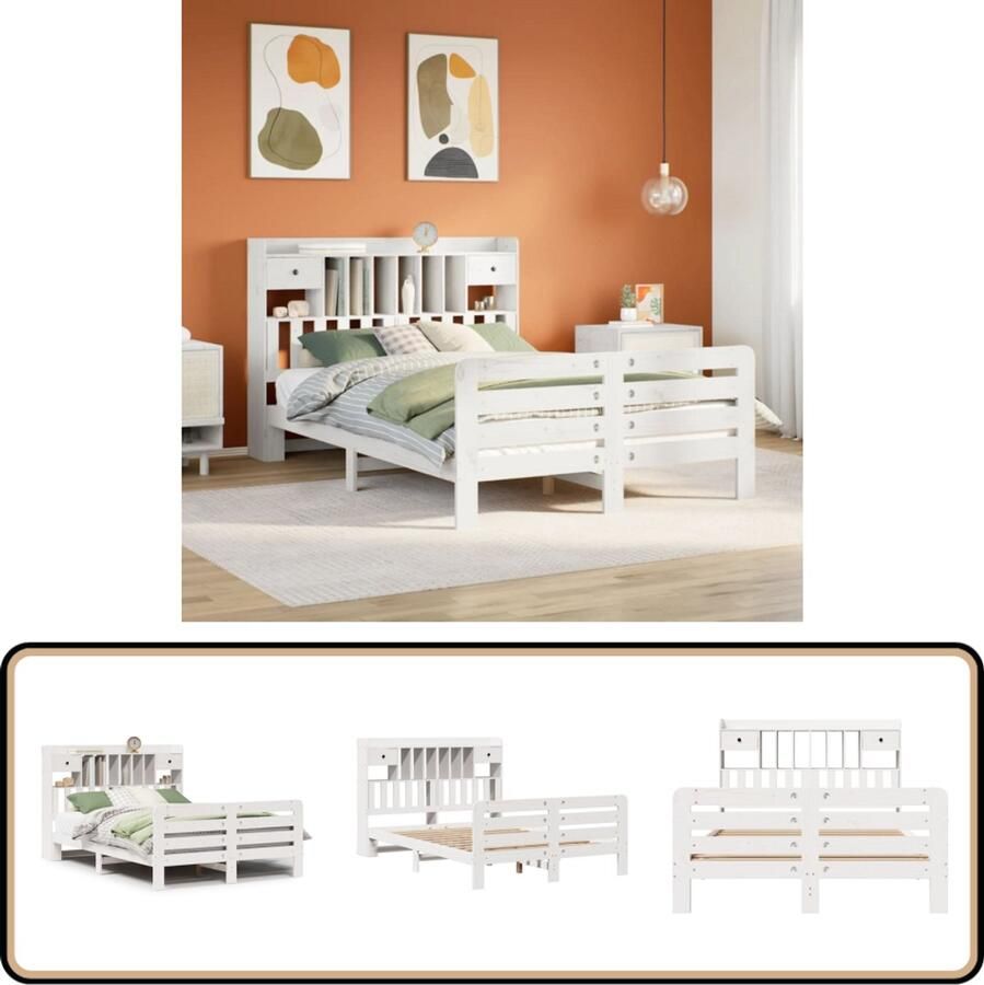 VidaXL Bed met boekenkast Grenenhout Wit 160x200 cm Boekenkasten Bed Houten Bed Tweepersoons Bed Stapelbare Bed Slaapkamers Meubels