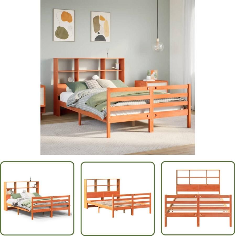 VidaXL Bed Met Boekenkast Slaapkamers Bed met boekenkast zonder matras hout wasbruin 160x200 cm Houten Bed Massief Grenenhout Bedframe