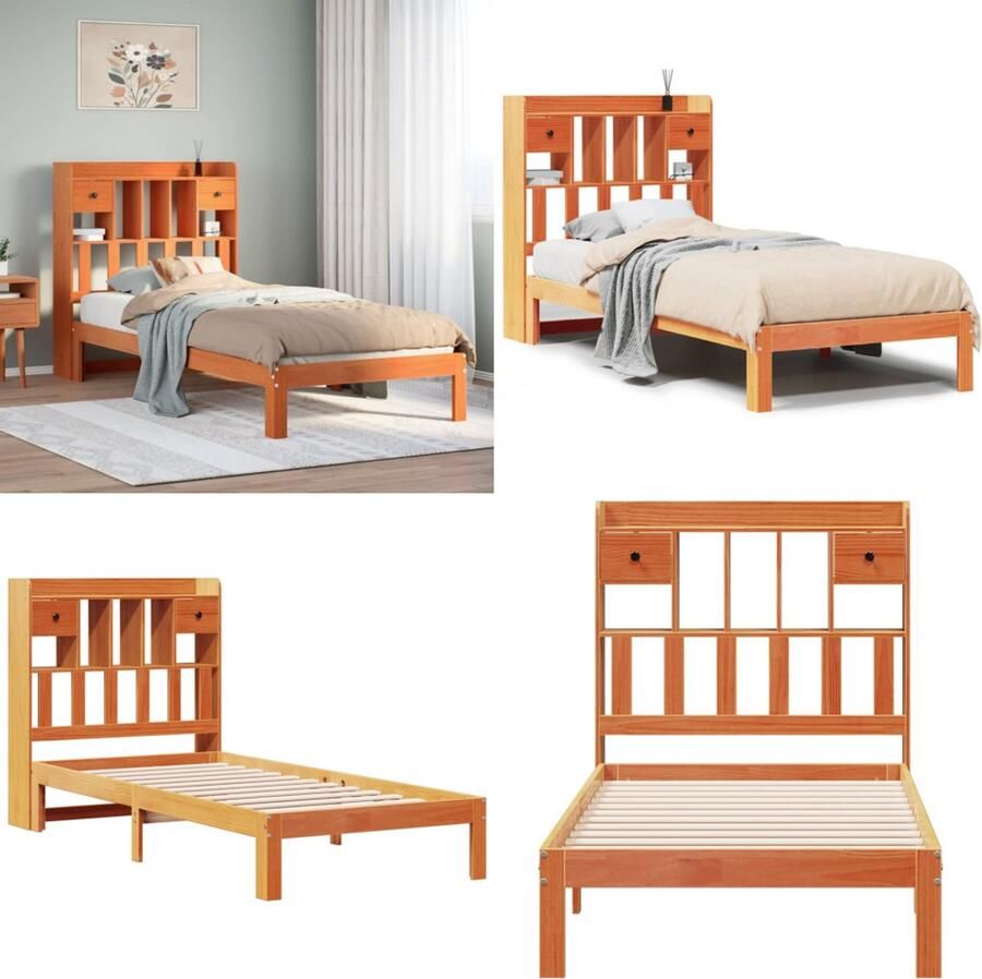 VidaXL Bed met boekenkast zonder matras grenenhout wasbruin 100x200 cm Bed Met Boekenkast Bedden Met Boekenkast Bed Eenpersoonsbed