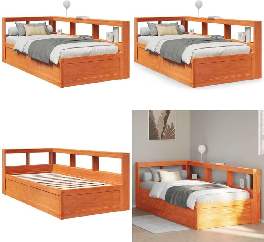VidaXL Bed met boekenkast zonder matras grenenhout wasbruin 100x200 cm Boekenkast Bed Boekenkast Bedden Bed Eenpersoonsbed
