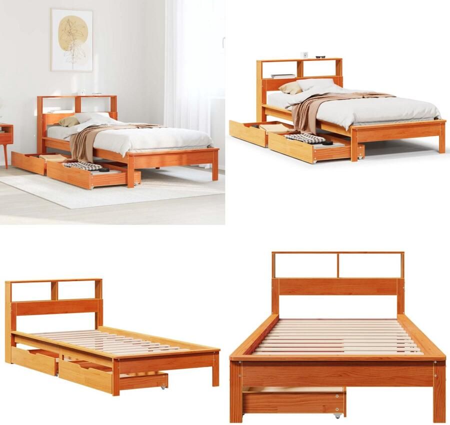 VidaXL Bed met boekenkast zonder matras grenenhout wasbruin 100x200 cm Boekenkastbed Boekenkastbedden Bed Eenpersoonsbed