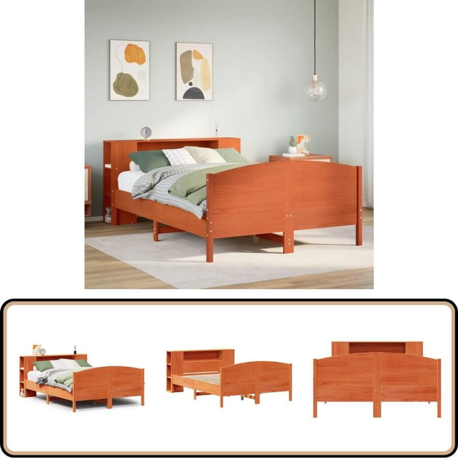 VidaXL Houten Bed Slaapcomfort Bed met boekenkast zonder matras grenenhout wasbruin 140x190 cm Boekenkast Bed Tweepersoons Bed Kingsize Bed