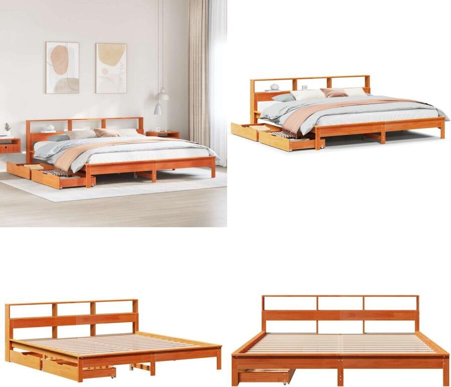 VidaXL Bed met boekenkast zonder matras grenenhout wasbruin 180x200 cm Boekenkastbed Boekenkastbedden Bed Eenpersoonsbed