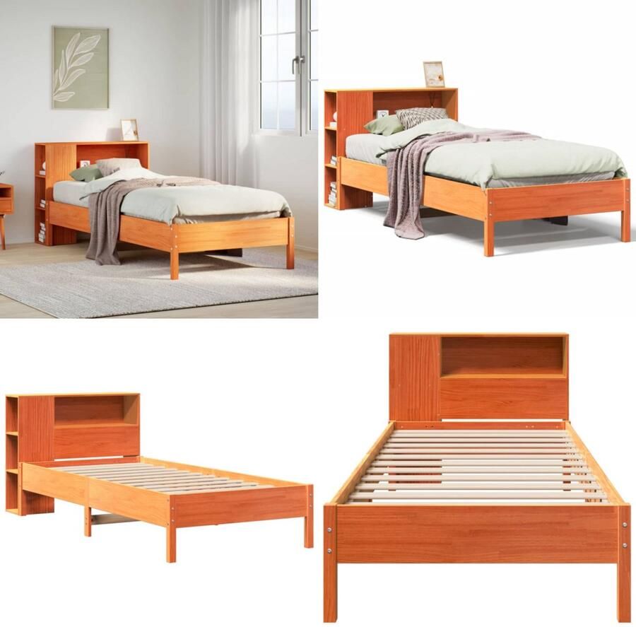 VidaXL Bed met boekenkast zonder matras grenenhout wasbruin 75x190 cm Bed Met Boekenkast Bedden Met Boekenkast Bed Eenpersoonsbed