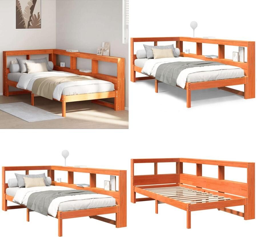 VidaXL Bed met boekenkast zonder matras grenenhout wasbruin 75x190 cm Boekenkast Bed Boekenkast Bedden Bed Eenpersoonsbed