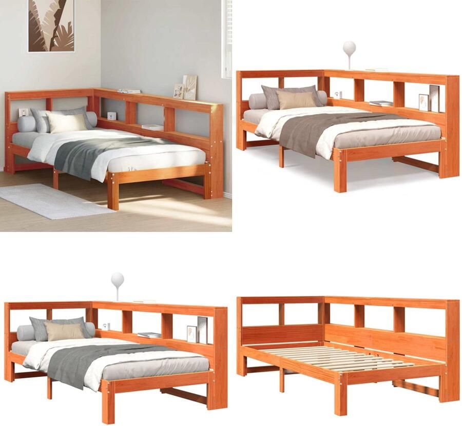 VidaXL Bed met boekenkast zonder matras grenenhout wasbruin 75x190 cm Boekenkast Bed Boekenkast Bedden Bed Eenpersoonsbed
