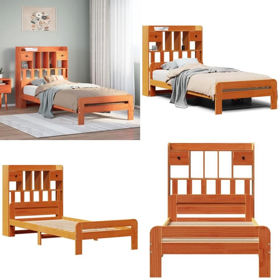 VidaXL Bed met boekenkast zonder matras grenenhout wasbruin 75x190 cm Boekenkastbed Boekenkastbedden Bed Eenpersoonsbed