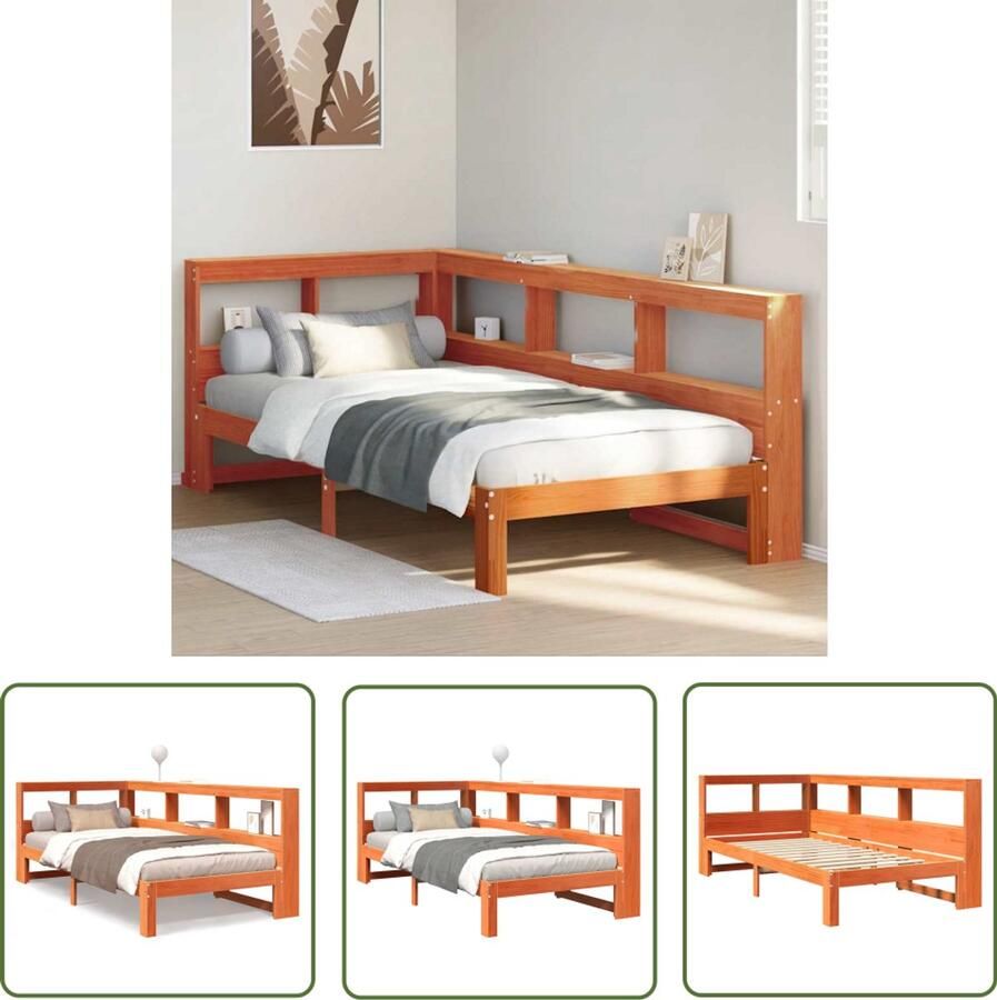 VidaXL Bed met boekenkast zonder matras grenenhout wasbruin 90x190 cm Bed Boekenkast Houten Bed Slaapkamers Grenenhout