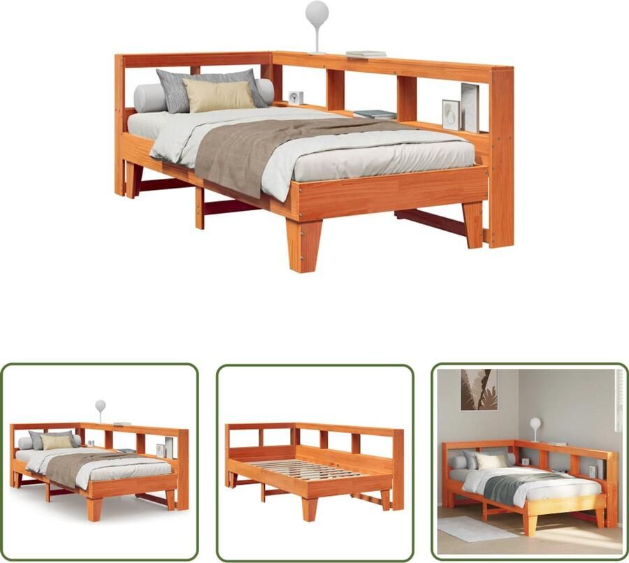 VidaXL Bed met boekenkast zonder matras grenenhout wasbruin 90x190 cm Bed Boekenkast Houten Bed Slaapkamer Grenenhout