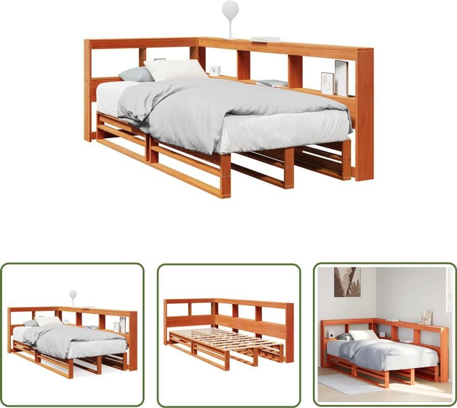 VidaXL Bed met boekenkast zonder matras grenenhout wasbruin 90x190 cm Boekenkastenbed Houten Bed Met Kast Slaapkamers Slaapcomfort