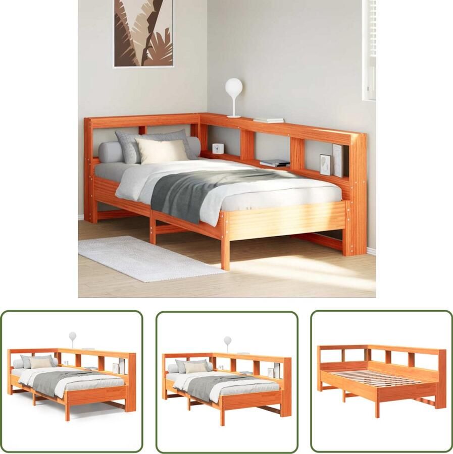 VidaXL Bed met boekenkast zonder matras grenenhout wasbruin 90x190 cm Boekenkastenbed Houten Bed Met Kast Slaapkamers Slaapcomfort