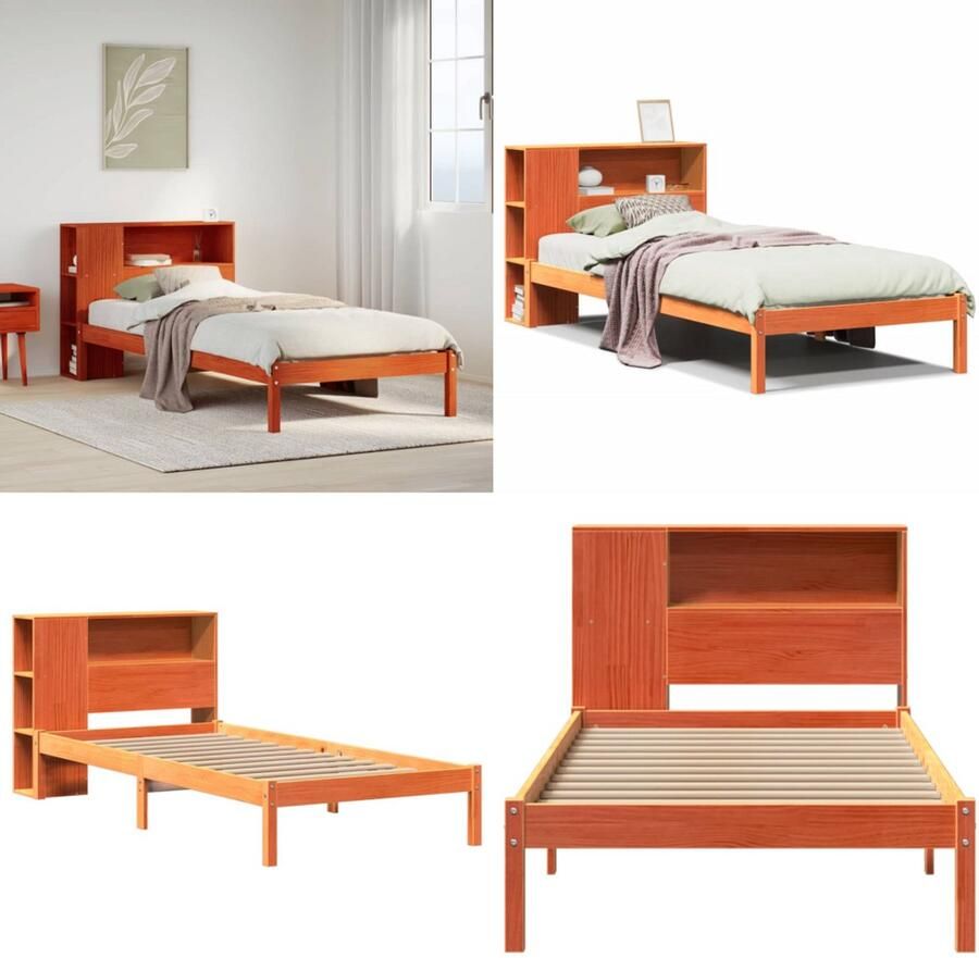 VidaXL bed met boekenkast zonder matras grenenhout wasbruin 90x200 cm Bed Met Boekenkast Bedden Met Boekenkast Bed Eenpersoonsbed