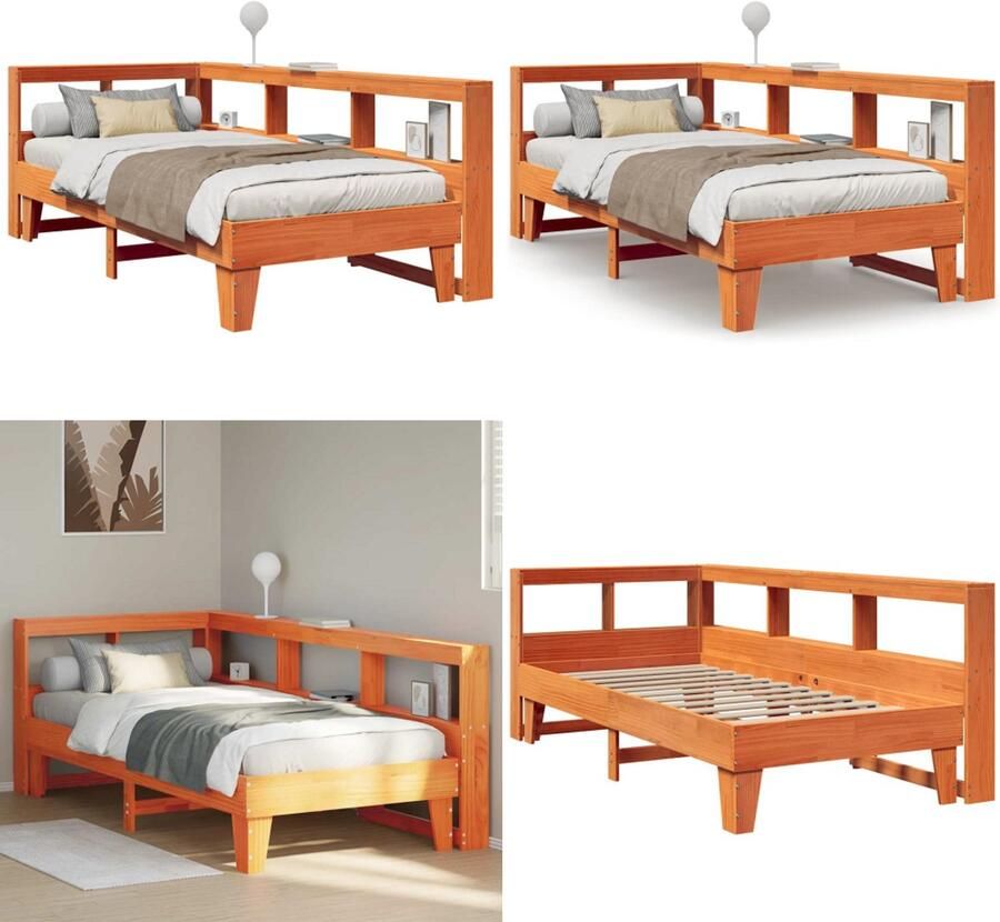 VidaXL Bed met boekenkast zonder matras grenenhout wasbruin 90x200 cm Boekenkast Bed Boekenkast Bedden Bed Eenpersoonsbed