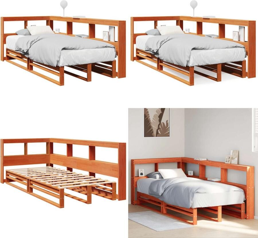 VidaXL Bed met boekenkast zonder matras grenenhout wasbruin 90x200 cm Boekenkast Bed Boekenkast Bedden Bed Eenpersoonsbed