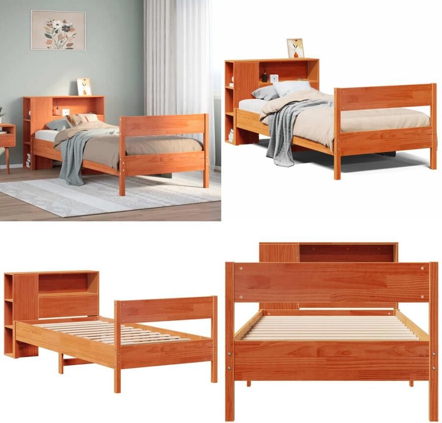 VidaXL Bed met boekenkast zonder matras grenenhout wasbruin 90x200 cm Boekenkastbed Boekenkastbedden Bed Eenpersoonsbed