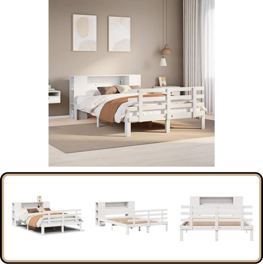 VidaXL Bed met boekenkast zonder matras grenenhout wit 135x190 cm