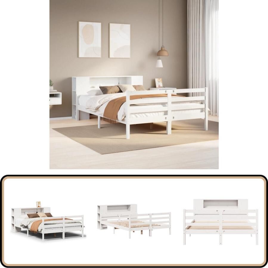VidaXL Bed met boekenkast zonder matras grenenhout wit 135x190 cm