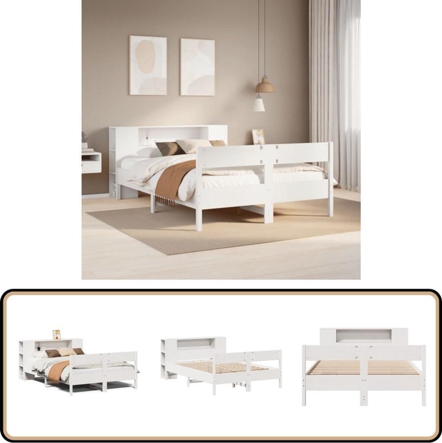 VidaXL Bed met boekenkast zonder matras grenenhout wit 135x190 cm