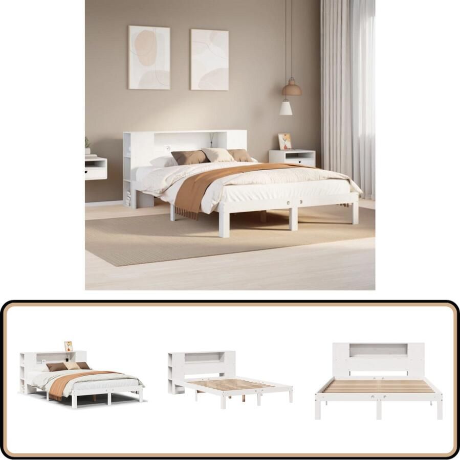 VidaXL Bed met boekenkast zonder matras grenenhout wit 135x190 cm