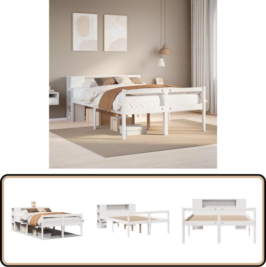VidaXL Bed met boekenkast zonder matras grenenhout wit 135x190 cm