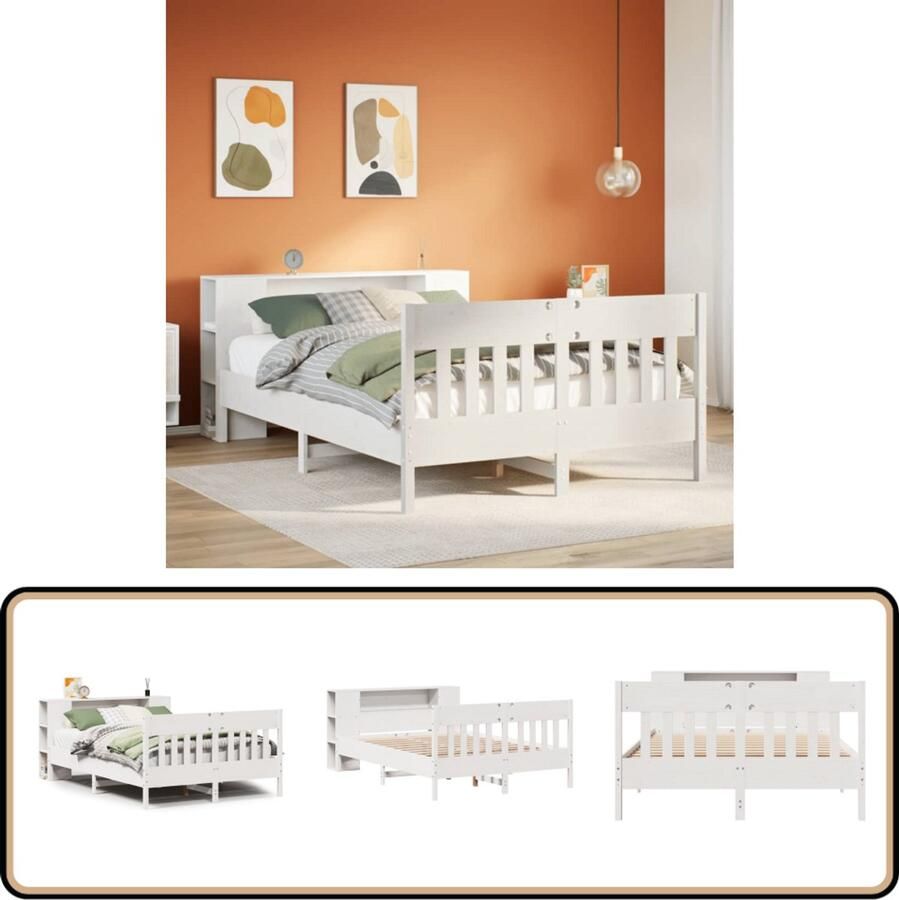VidaXL Bed met boekenkast zonder matras grenenhout wit 160x200 cm Bed Houten Bed Boekenkast Bed Tweepersoonsbed Grenenhouten Bed
