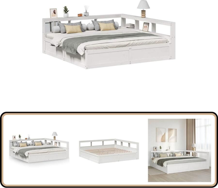 VidaXL Bed met boekenkast zonder matras grenenhout wit 200x200 cm