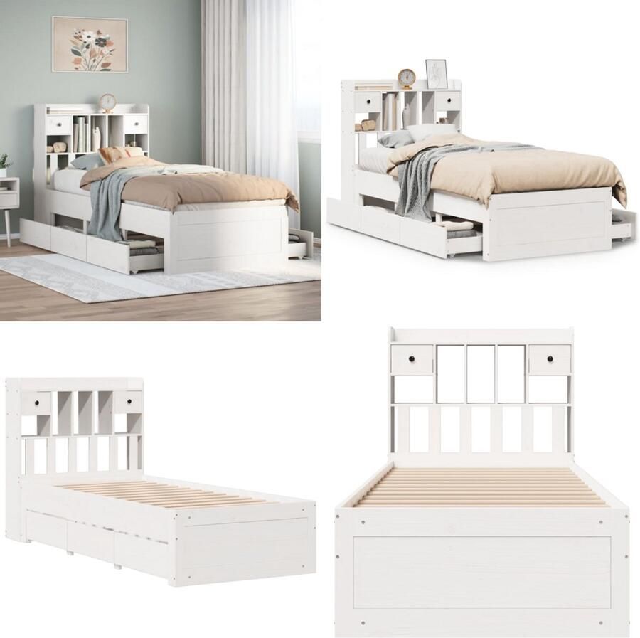 VidaXL Bed met boekenkast zonder matras grenenhout wit 90x190 cm Bed Met Boekenkast Bedden Met Boekenkast Bed Eenpersoonsbed