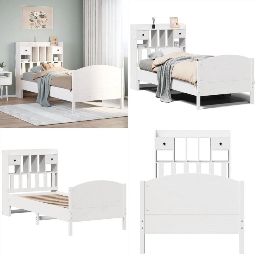 VidaXL Bed met boekenkast zonder matras grenenhout wit 90x190 cm Boekenkastbed Boekenkastbedden Bed Eenpersoonsbed