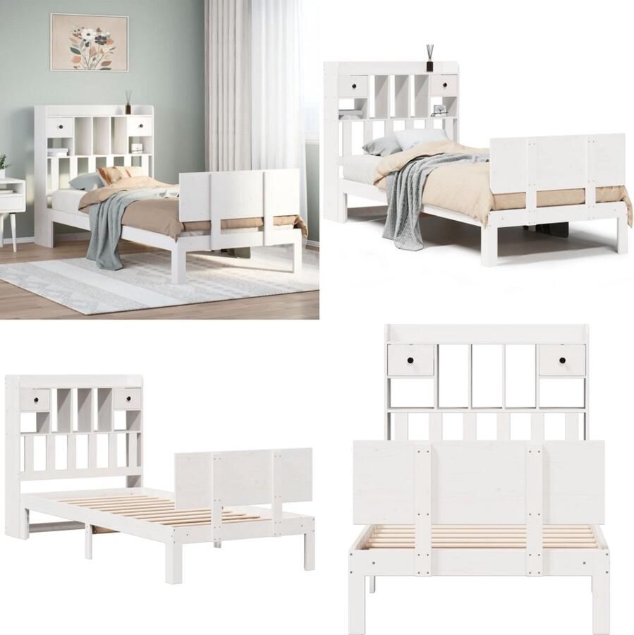 VidaXL Bed met boekenkast zonder matras grenenhout wit 90x190 cm Boekenkastbed Boekenkastbedden Bed Eenpersoonsbed